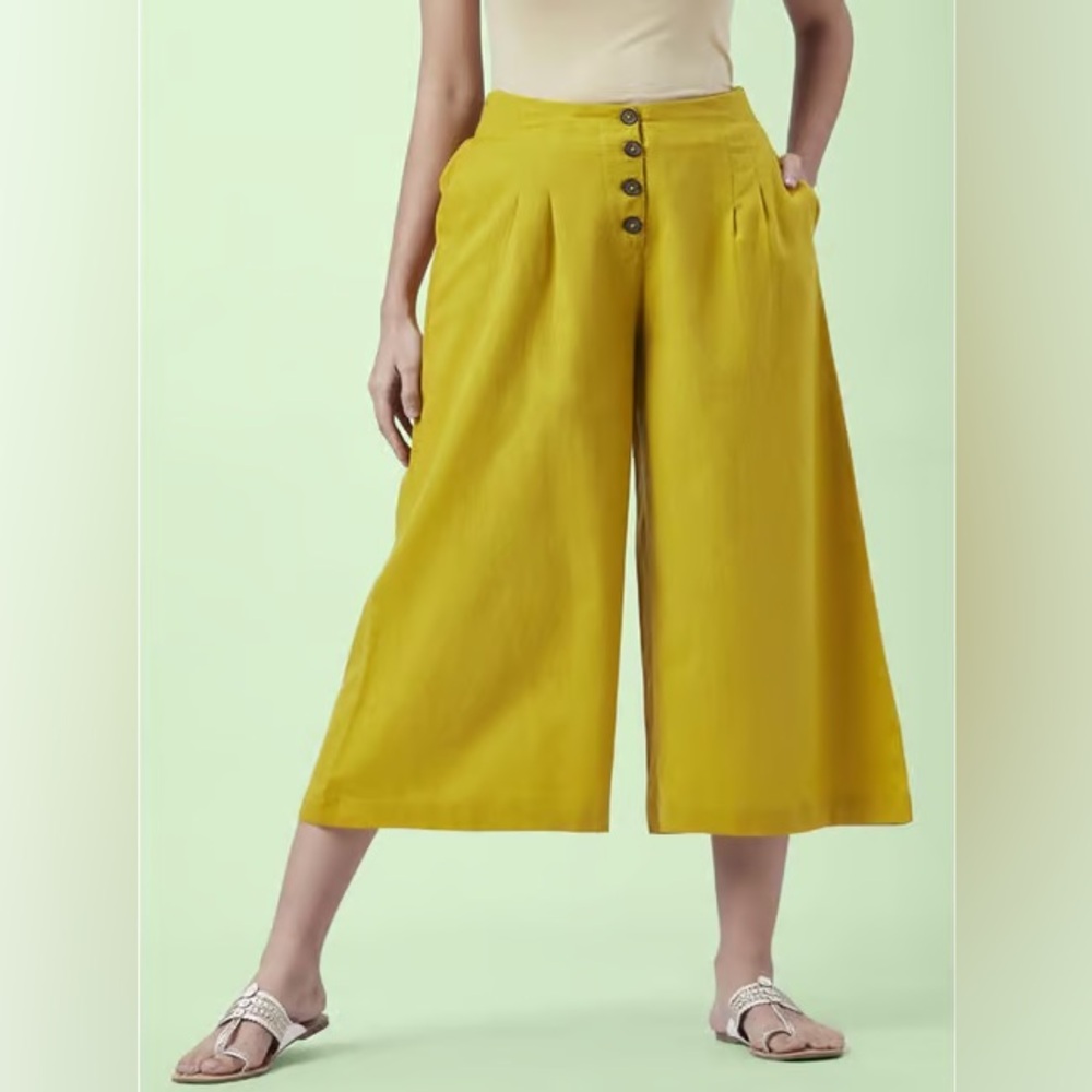 Topshop Culottes High-Waist Wide Crop Pants Mustard Trousers Satin Pleated Smock